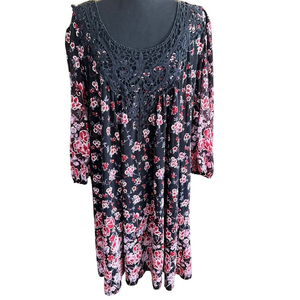 Suzanne Betro Midi Dress 2X Black Floral Flower 3/4 Balloon Sleeve Plus